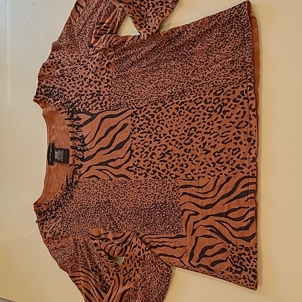 EUC Y2K LH Sport Brown Animal Print 3/4 Sleeved Sweater with Bedazzled Neckline
